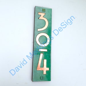 Arts and Crafts Mission Mackintosh copper plaque with plywood back 3x nos 3/75mm or 4/100mm high hgs Vertical/Patinated