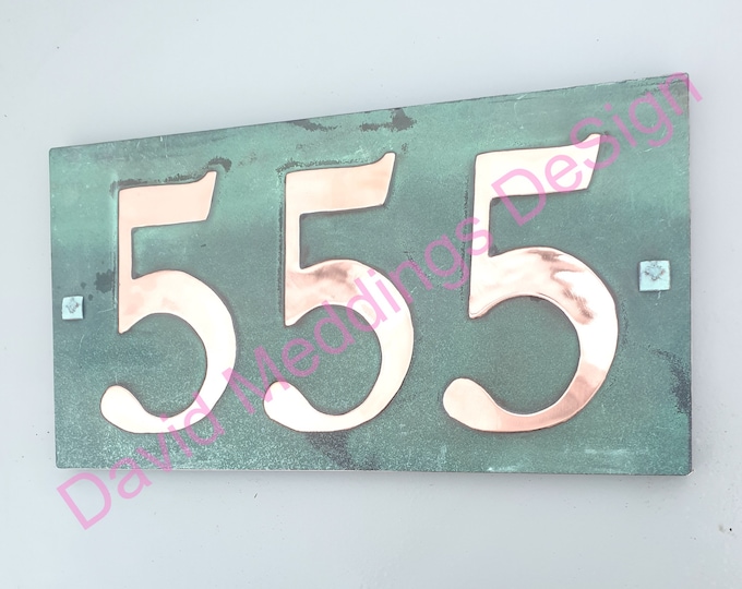 Large Copper House address plaque with plywood back 3x nos. 6"/150mm Garamond hgsn