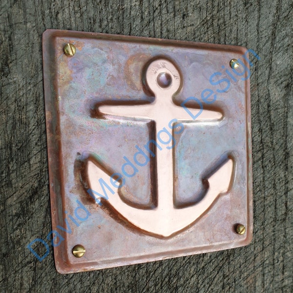 Anchor ship nautical copper sailing  plaque gift in hammered or patinated  3.5 x 3.25"/90x80mm hug