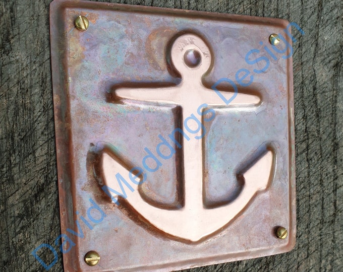 Anchor ship nautical copper sailing  plaque gift in hammered or green copper 3.5 x 3.25"/90x80mm d