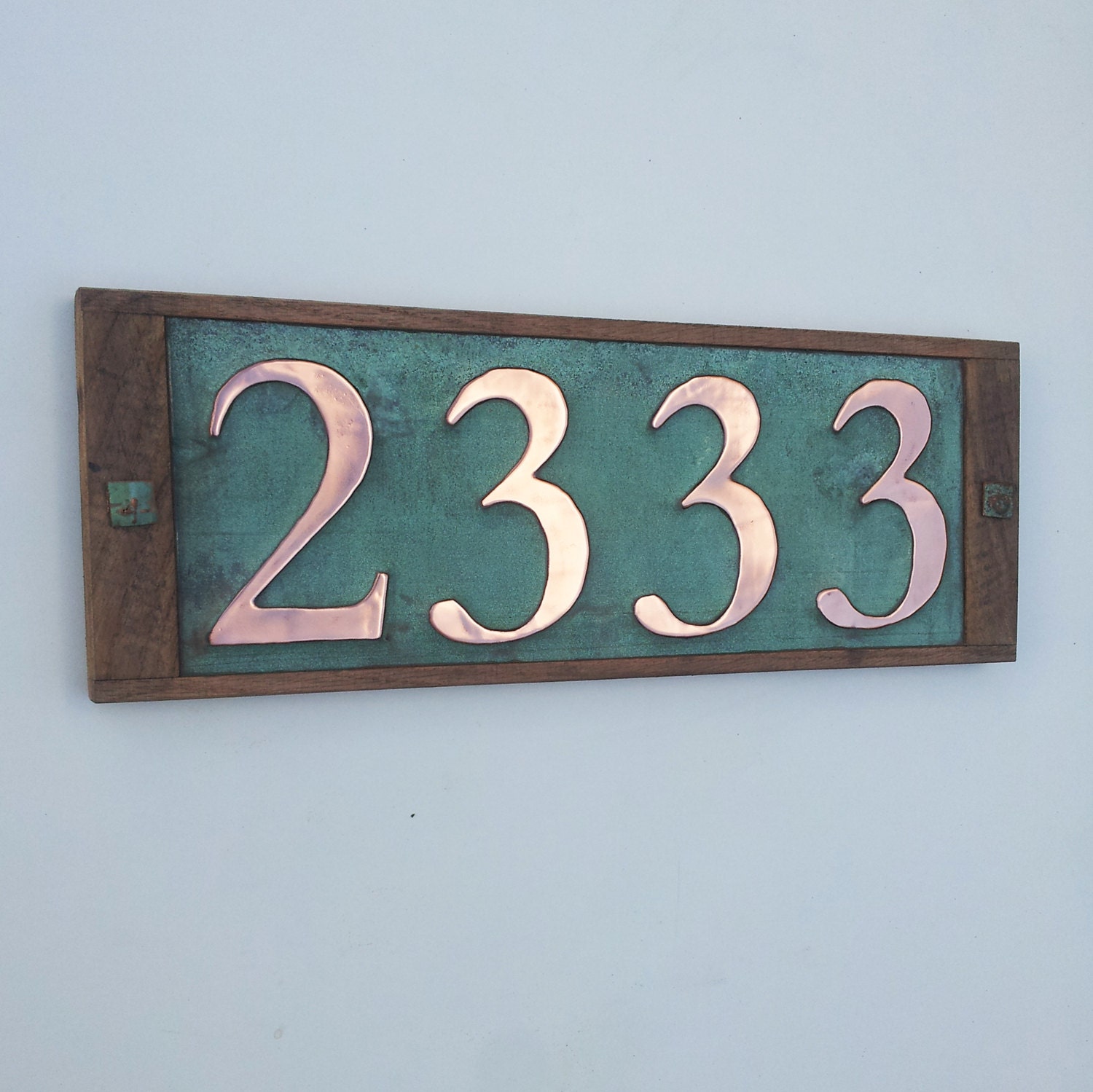 Copper Address number plaque with limed oak frame 4x nos. 3/75mm or 4