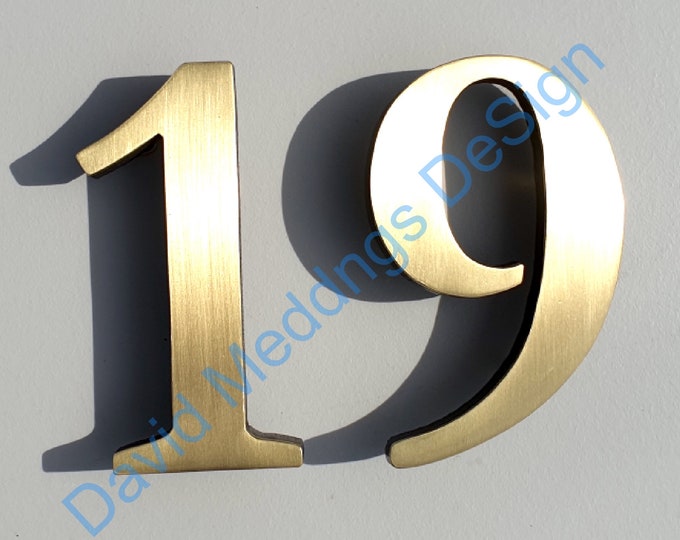 Large Serif style floating numbers in brass, 9"/228mm high in polished, hammered or brushed, Garamond font thpub