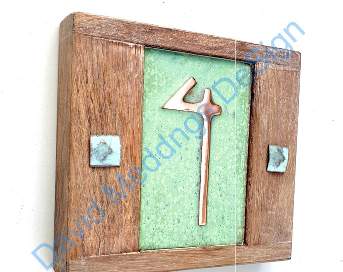 Art Nouveau Eco Copper House plaque with oak frame 1x no 3"/75mm or 4"/100mm hgvs