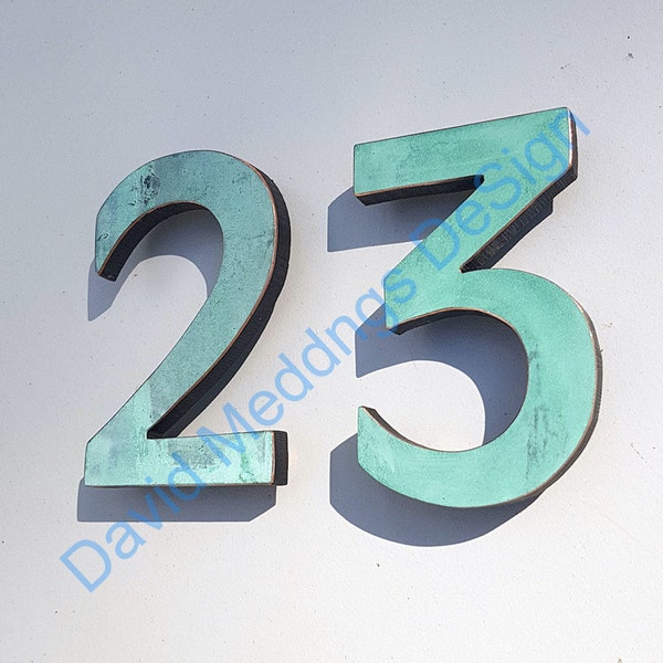 Modern green, hammered or brushed copper House numbers floating 4"/100mm high in Antigoni font htgb