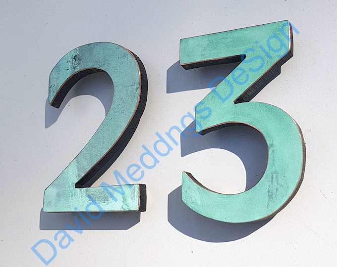 Modern green, hammered or brushed copper House numbers floating 4"/100mm high in  Antigoni font htgbs