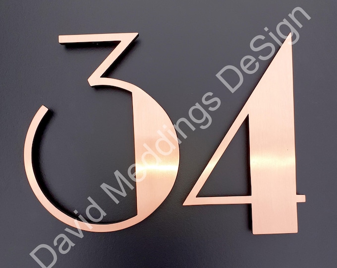 Art Deco copper floating numbers in 5"/125mm high Park Lane font in polished, hammered or brushed finish  hpb