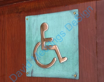 Wheelchair user disabled toilet lavatory sign door Plaque 4.2""/105mm square in patinated or hammered copper with fixings S