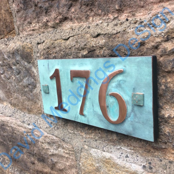 House number plaque in real copper with plywood back 3x nos 3"/75mm or 4"/100mm in Garamond ships worldwide hgs