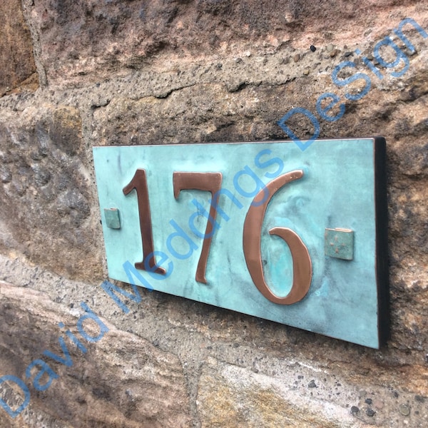 House number plaque in real copper with plywood back 3x nos 3"/75mm or 4"/100mm in Garamond ships worldwide hg
