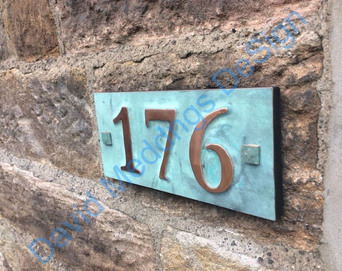 House number plaque in real copper with plywood back 3x nos 3"/75mm or 4"/100mm in Garamond ships worldwide hgs