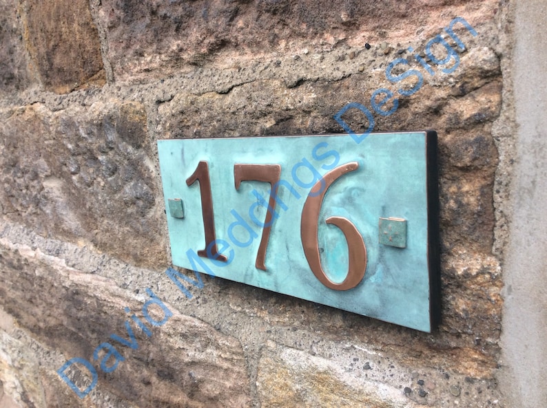 House number plaque in real copper with plywood back 3x nos 3/75mm or 4/100mm in Garamond ships worldwide hgs image 1