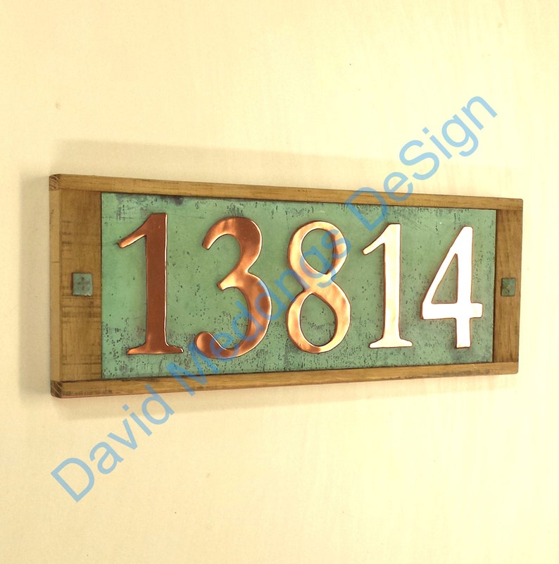 Traditional serif metal address plaque polished and lacquered, oak framed hammered or patinated copper 5x 100mm/4 high numbers hgu image 4