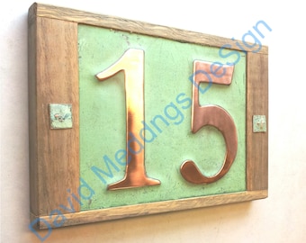 Large copper address plaque House with oak frame 2x 6"/150mm high numbers in Garamond d
