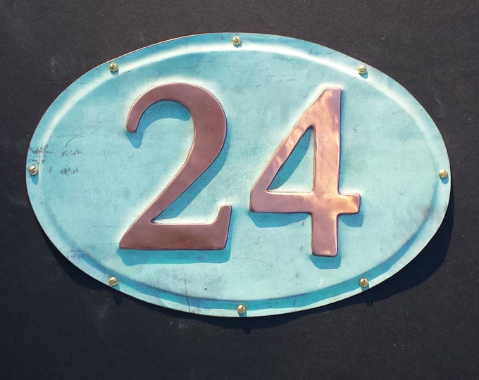 Oval green copper House number plaque in 2"/50mm or 3"/75mm high nos in Garamond d