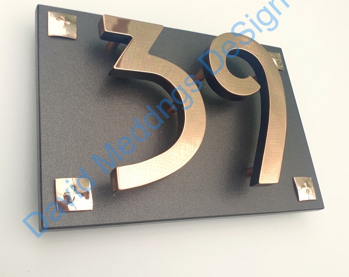 Large floating Mission Mackintosh house numbers on backboard  in polished, brushed or hammered copper 6"/150 mm hupb