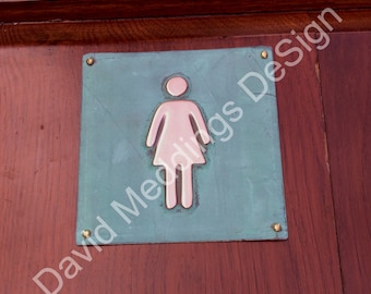 Female ladies room toilet lavatory patinated or hammered copper Plaque 4.2""/105mm square  with fixings hugs