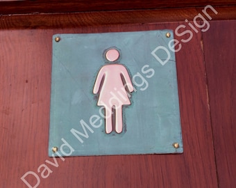 Female ladies room toilet lavatory patinated or hammered copper Plaque 4.2""/105mm square  with fixings hug