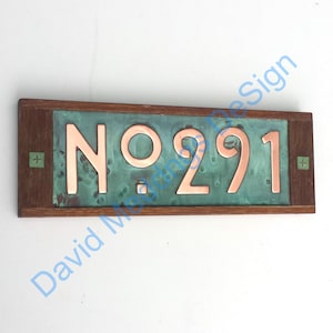 House plaque in Mission Mackintosh Style copper with oak frame 3x or 4x numbers 3&quot;/75 or 4&quot;/100mm high  with &#39;No&#39; prefix hgu