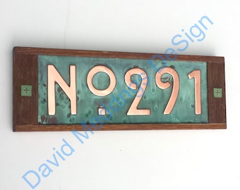 House plaque in Mission Mackintosh Style copper with oak frame 3x or 4x numbers 3"/75 or 4"/100mm high  with 'No' prefix hgu