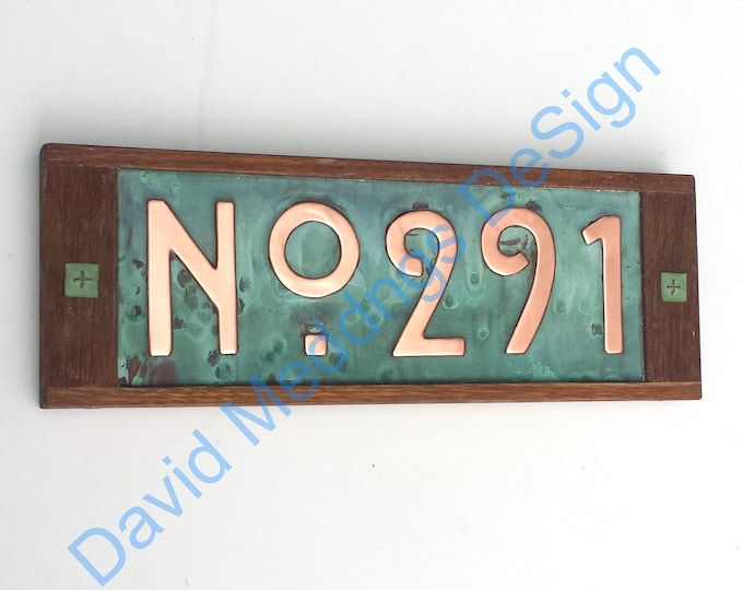 House plaque in Mission Mackintosh Style copper with oak frame 3x or 4x numbers 3"/75 or 4"/100mm high  with 'No' prefix hgu