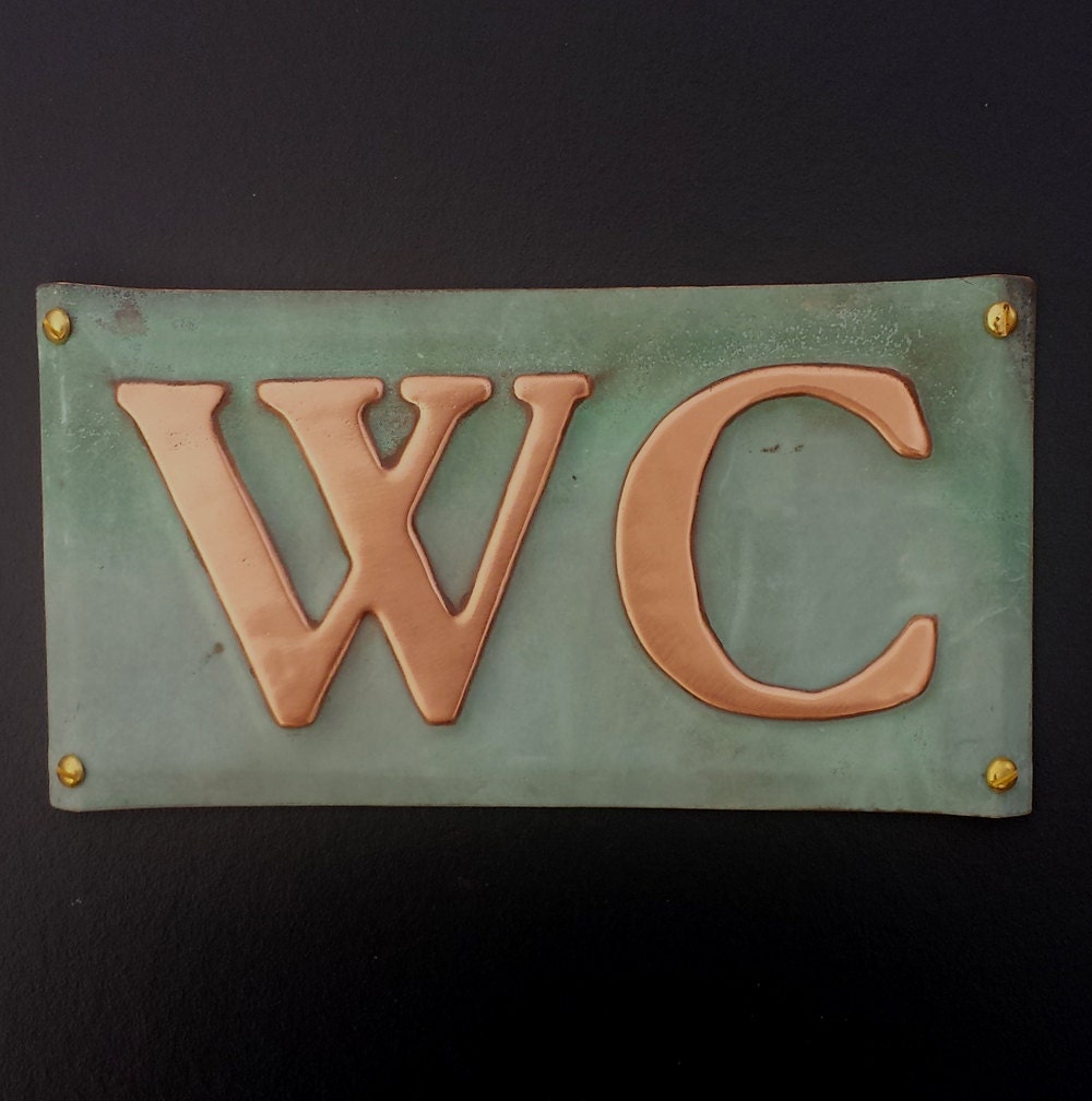 Copper door plaque WC toilet lavatory sign in 2/50mm high Garamond or your initials green or