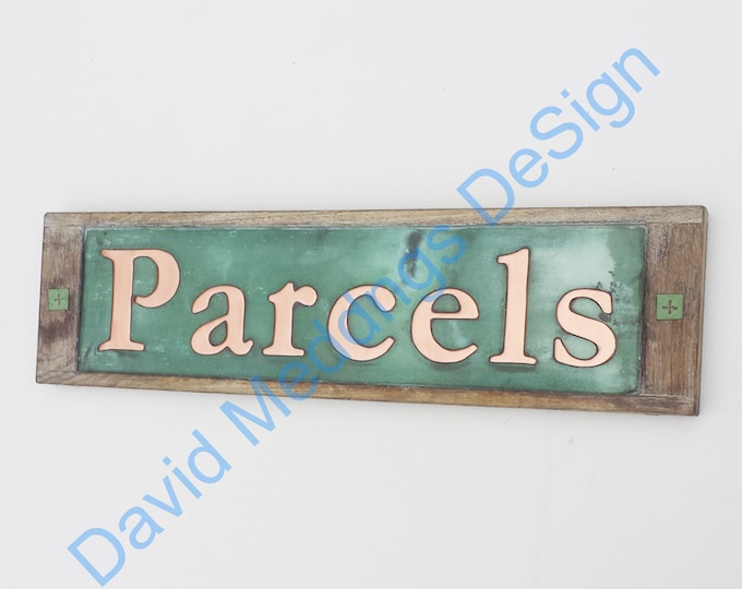 House Sign Names in Oak and Copper in UPPER and lower case 3"/75 mm high Garamond on one line  hug
