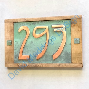 House number Art Nouveau  plaque in limed Oak and Copper 3x nos 3&quot;/75mm or 4&quot;/100mm high hpss