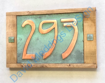 House number Art Nouveau  plaque in limed Oak and Copper 3x nos 3"/75mm or 4"/100mm high hpss