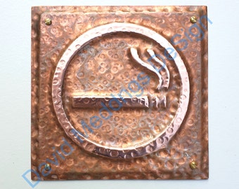 Smoking area sign door Plaque in patinated or hammered copper 4.2""/105mm square hg