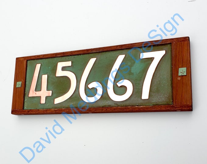 Mission Mackintosh Style Oak framed and Copper address plaque, 5x nos 3"/75mm or 4"/100mm  high hugt