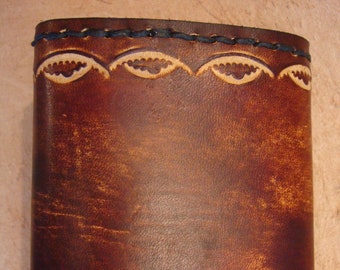 Tooled Brown Leather Trifold Wallet  - Triplefold Billfold - Large/Small Crescent