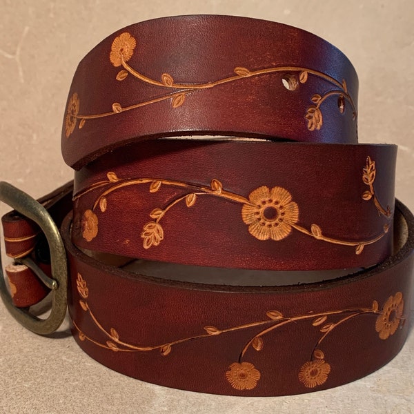 Brown Leather Belt - Tooled Leather Belt - Custom Leather Belt - Personalized Leather Belt - Ladies Floral Belt -  1-1/2" Floral 6 Pattern