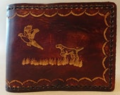 Tooled Brown Leather Wallet - Leather Billfold - Pheasant and Pointer