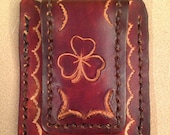 Tooled Brown Leather Credit Card Magnetic Money Clip - Shamrock