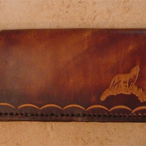 Brown Leather Checkbook Cover - Tooled Brown Leather Checkbook Cover Personalized Leather Checkbook Cover with Wolf