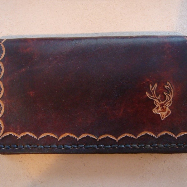 Brown Leather Checkbook Cover - Personalized Checkbook Cover - Brown Leather Wallet - Custom Leather Checkbook with Buck Head