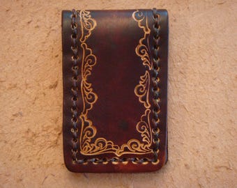 Tooled Brown Leather Magnetic Money Clip - Wave Border