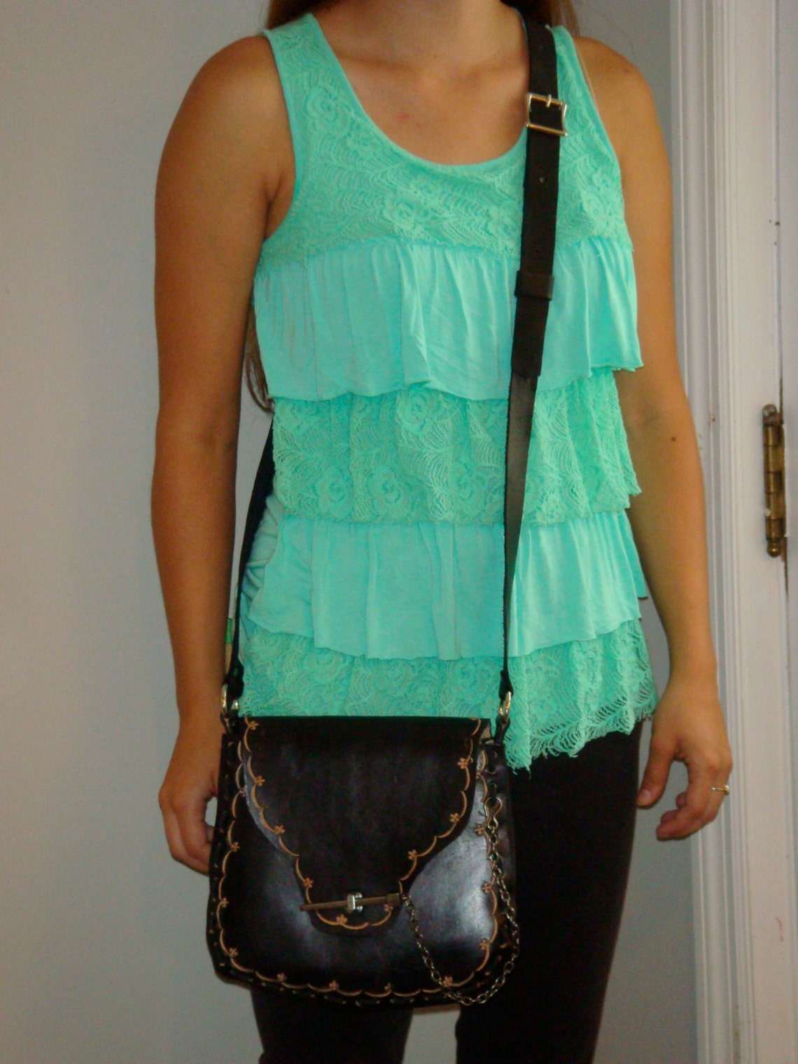 Kim Tooled Black Leather Crossbody Bag Shoulder Bag Purse Etsy