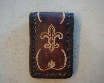 Tooled Brown Leather Magnetic Money Clip - Large Fleur de Lis Border