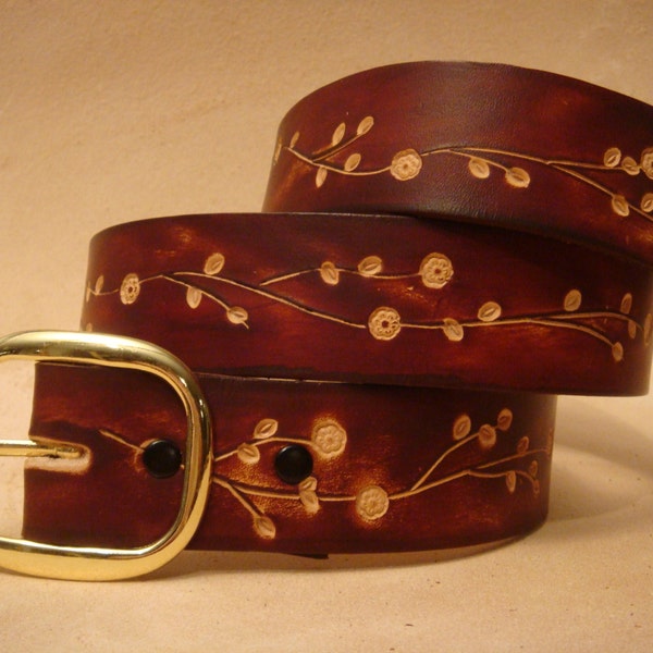 Brown Leather Belt - Custom Leather Belt - Personalized Leather Belt - Ladies Leather Belt  1-1/2" Floral 3 Pattern