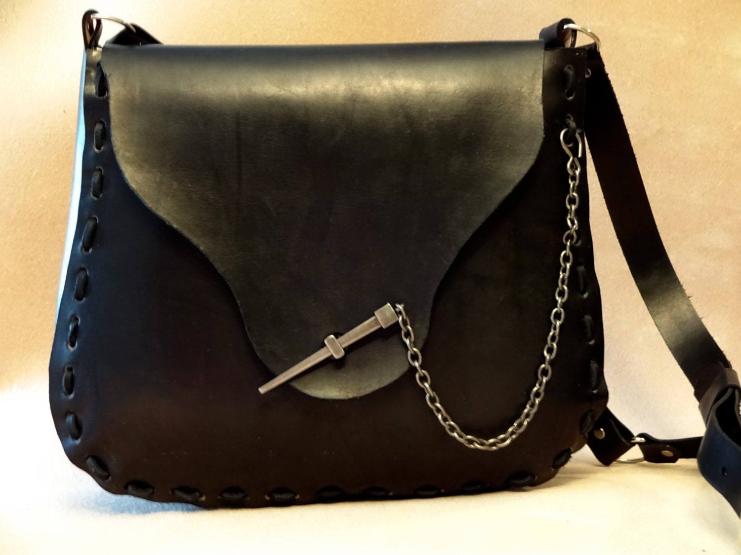 Extra Large Jewel Handmade Black Leather Crossbody Bag | Etsy
