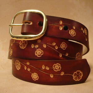 Brown Leather Belt Tooled Leather Belt Custom Leather Belt Personalized Leather Belt Ladies Floral Belt 1-1/2 Floral Pattern image 1