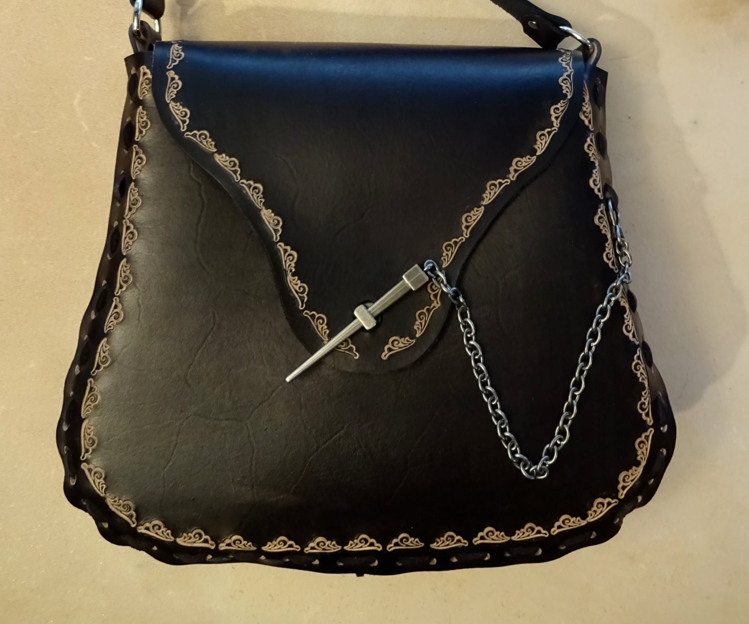 Extra Large Jewel Tooled Black Leather Crossbody Bag | Etsy
