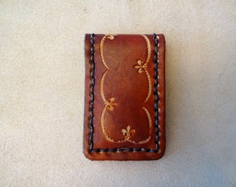 Tooled Brown Leather Magnetic Money Clip - Fleur de Lis Border