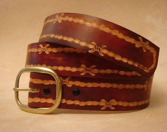 Brown Leather Belt - Handmade Leather Belt - Custom Leather Belt - Personalized Leather Belt - 1-1/2" Barbed Wire Leather Belt