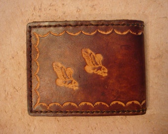 Tooled Brown Leather Wallet - Leather Billfold - Eagle