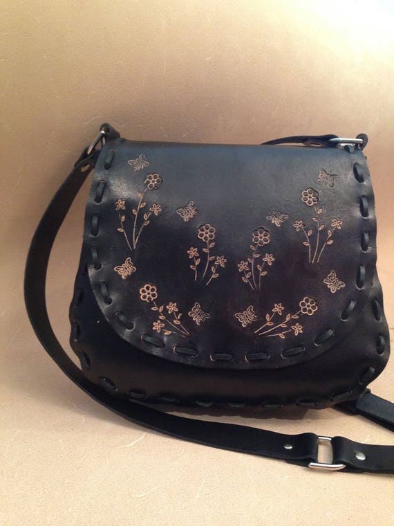 Tooled Black Leather Crossbody Bag Shoulder Bag Purse Etsy