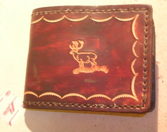 Tooled Brown Leather Wallet - Leather Billfold - Elk