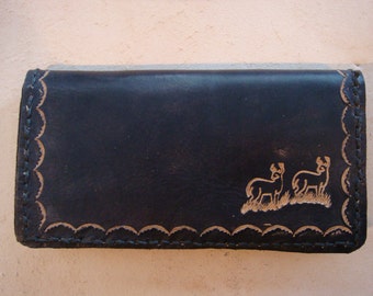 Black Leather Checkbook Cover - Tooled Leather Checkbook Cover - Black Leather Wallet - Custom Leather Checkbook with Double Deer