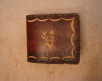 Tooled Brown Leather Kid's Wallet - Kid's Billfold - Buck Head